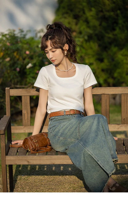 Women's Square-Neck T-Shirt – Elegant Cotton Short-Sleeve Top