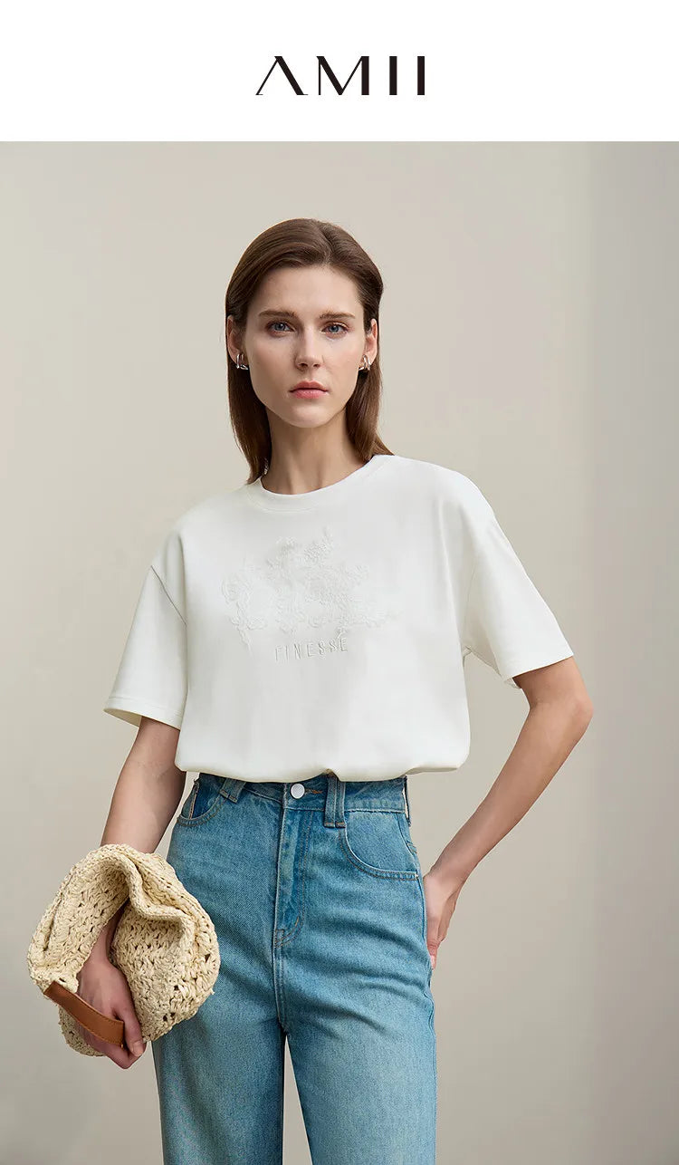 Amii Women's T-Shirt 2026 Summer New Round Neck Drop Shoulder Cotton Tee Lace Embroidered Woman Loose Fit knit Tops 12622048