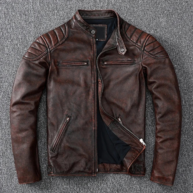 Mens Cowhide Leather Motorcycle Jacket - Plus Size Autumn Winter Stand Collar - ZOOMNSTORE