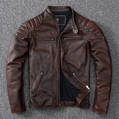 Mens Cowhide Leather Motorcycle Jacket - Plus Size Autumn Winter Stand Collar - ZOOMNSTORE