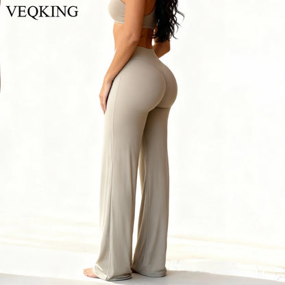 VEQKING Soft Active Women Yoga Pants Strait-leg Yoga Pilates Trousers Naked Feel Gym Fitness Peach Hip Outfits Loose Fit Bottoms