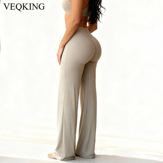 VEQKING Soft Active Women Yoga Pants Strait-leg Yoga Pilates Trousers Naked Feel Gym Fitness Peach Hip Outfits Loose Fit Bottoms
