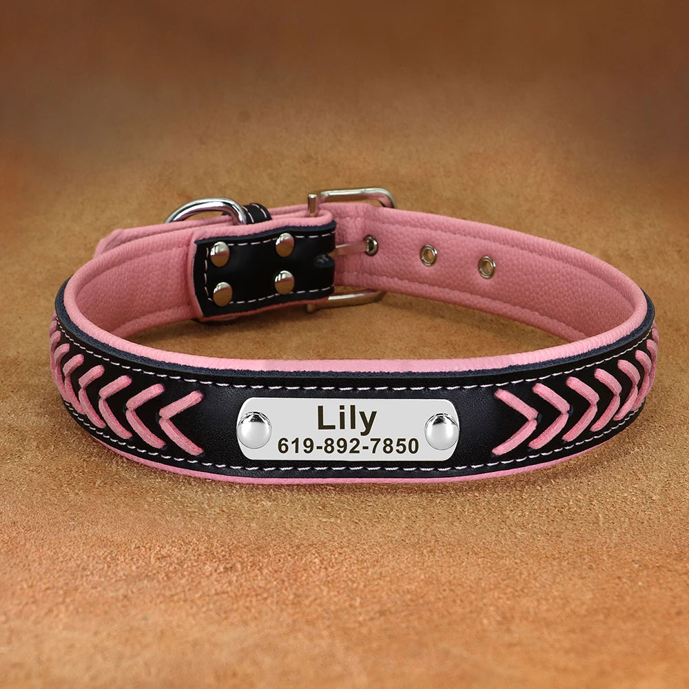 Personalized Dog Collar Leather Padded Dogs Braided Collars Free Engraving Pet ID Tag Nameplate for Small Medium Large Dogs