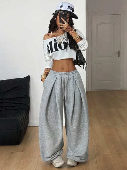 Y2K new Wide Leg Sweatpants Women Streetwear Baggy Oversize Gray Sports Pants High Waist Drawstring Casual Joggers Trousers