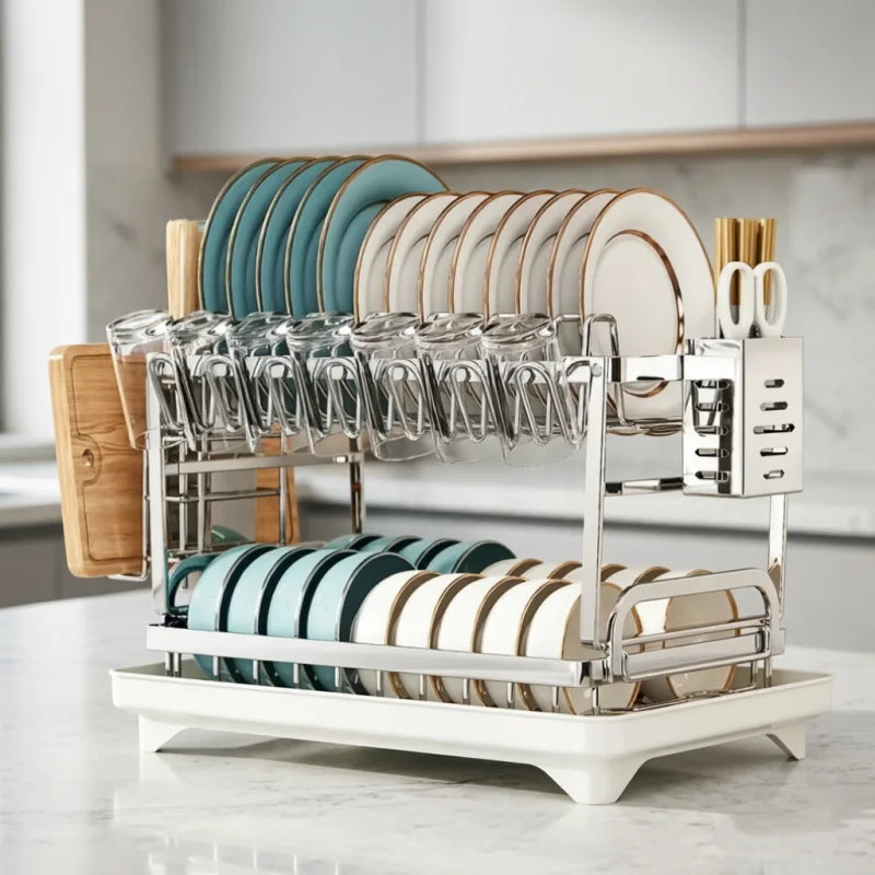 Stainless Steel 2 Tier Dish Rack Adjustable Countertop Organizer Bowl Drainer Multifunctional Kitchen Utensil Storage Holder Hom