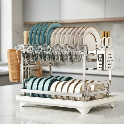 Stainless Steel 2 Tier Dish Rack Adjustable Countertop Organizer Bowl Drainer Multifunctional Kitchen Utensil Storage Holder Hom