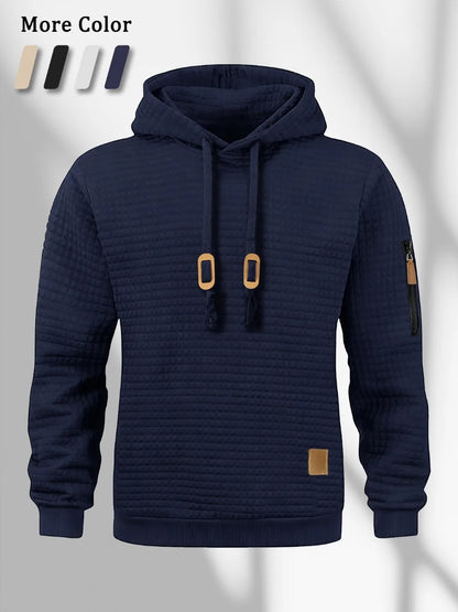 New Autumn Men's Hoodie Waffle Pattern Long Sleeve Sweatshirt Solid Color Casual Warm Pullover Outdoor Sportswear Men's Clothing