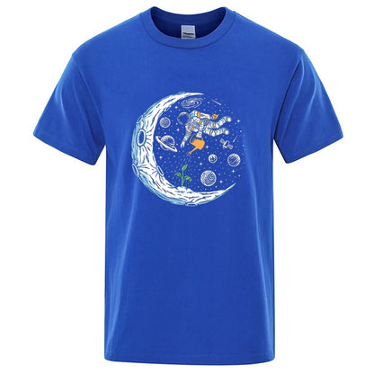 Summer Men T-shirt Cotton Blend Casual Funny Astronaut Design Print Loose O-neck T Shirt for Men Short Sleeve Male T-shirt Tees