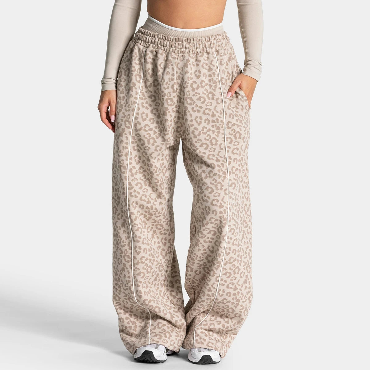 Women High Elastic Leopard Print Yoga Pants Loose Wide Leg Fitness Workout Pants Butt Lifting Slim Casual Sports Trousers