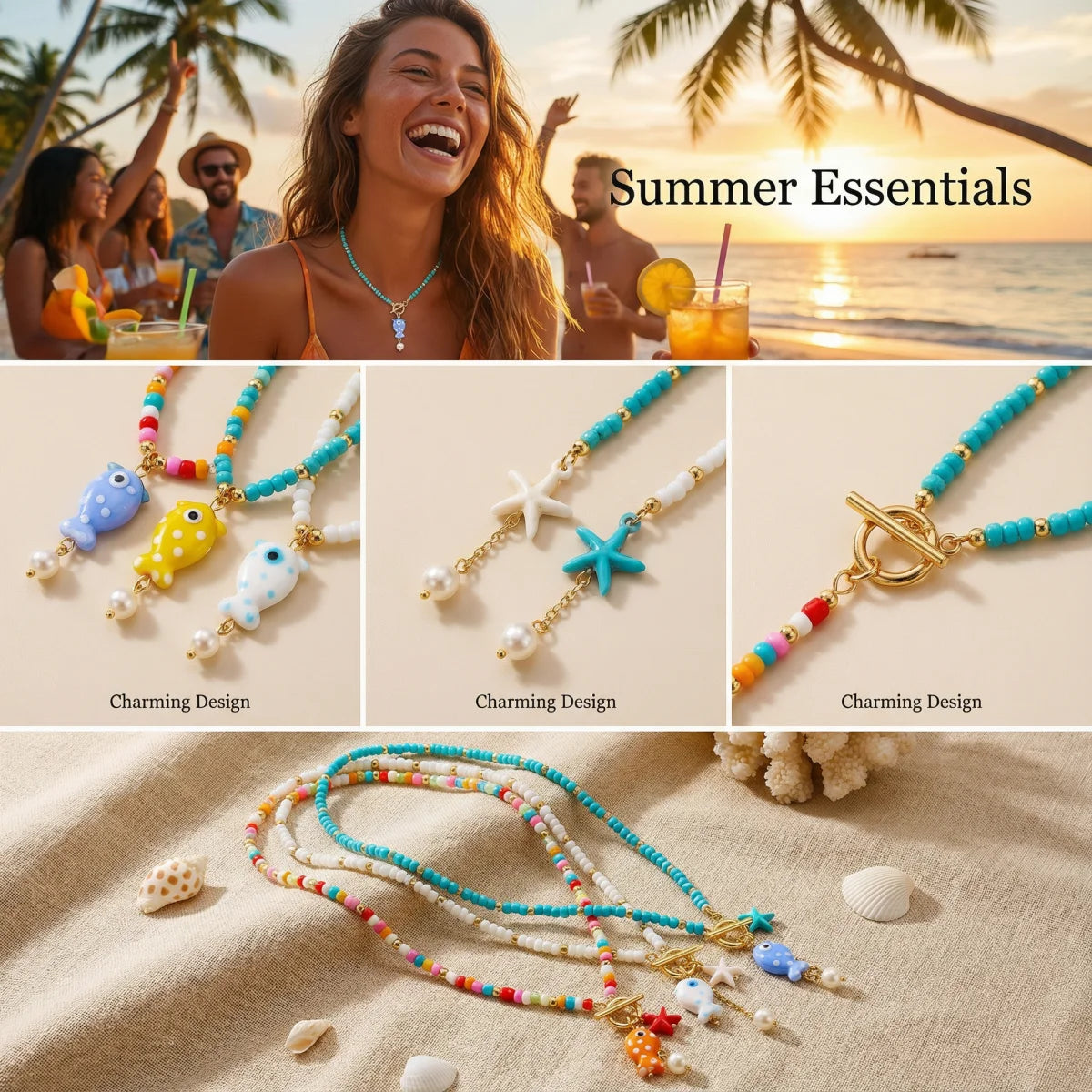 Bohemian Ceramic Fish & Starfish Pendant Necklaces for Women Men Colorful Rice Beaded Chain Necklaces Lightweight Beach Jewelry