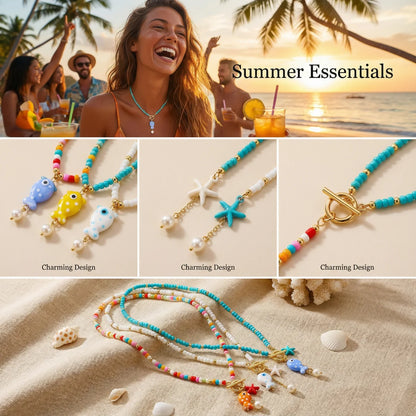 Bohemian Ceramic Fish & Starfish Pendant Necklaces for Women Men Colorful Rice Beaded Chain Necklaces Lightweight Beach Jewelry