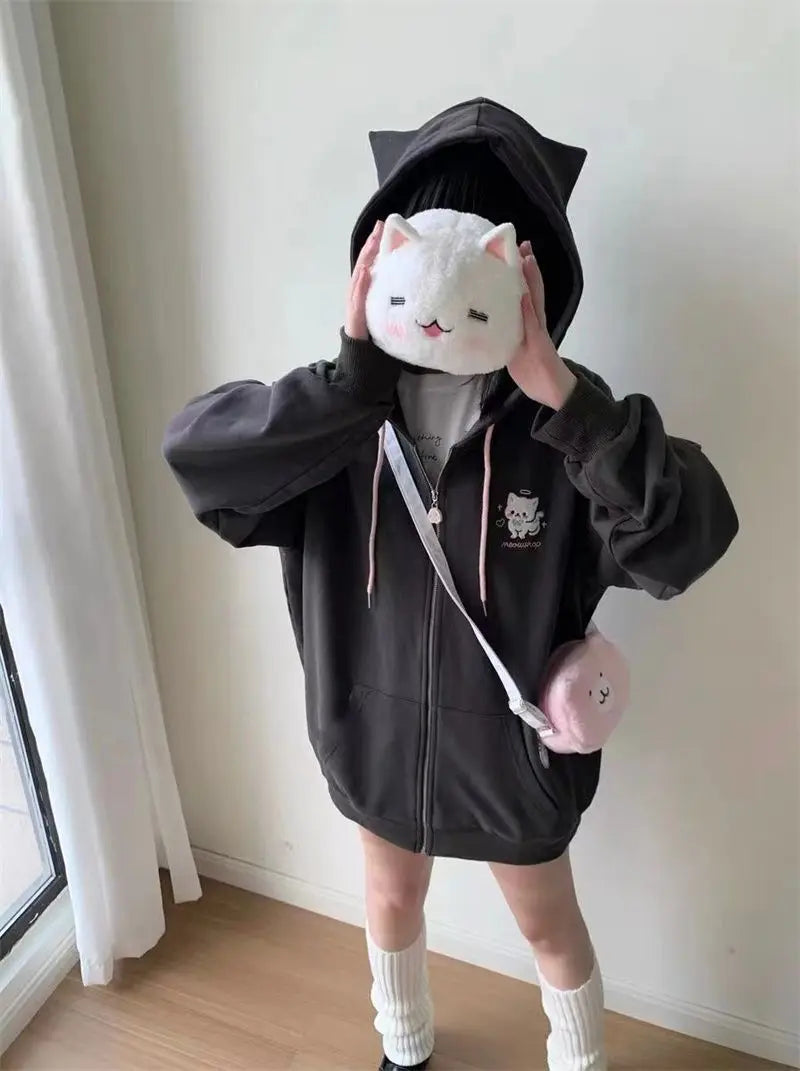 Zipper Hoodie Gothic Cartoon Kawaii Cat Ear Y2k Jacket Zip Up Thin Coat Spring Autumn Cute Core 2000s Clothes Fall Sweatshirts