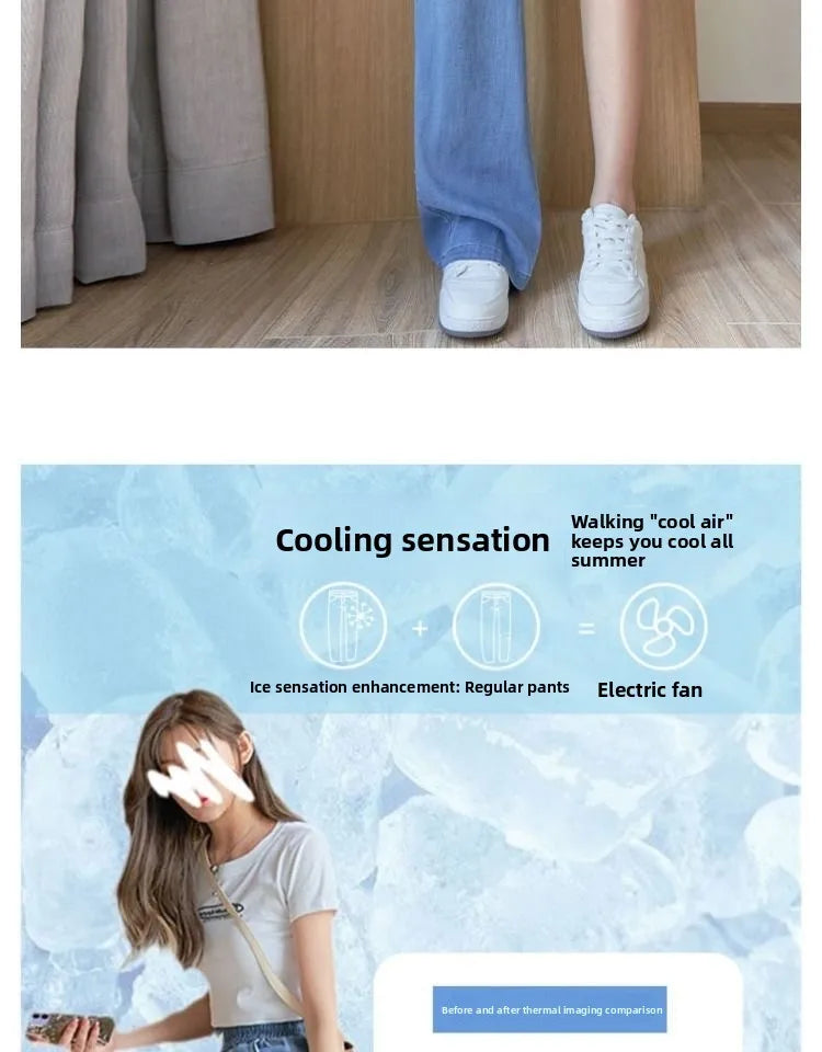 Summer Thin Soft Silk Loose Straight Leg Jeans Women's High Waist Wide Leg Pants Comfortable Breathable Casual Trousers