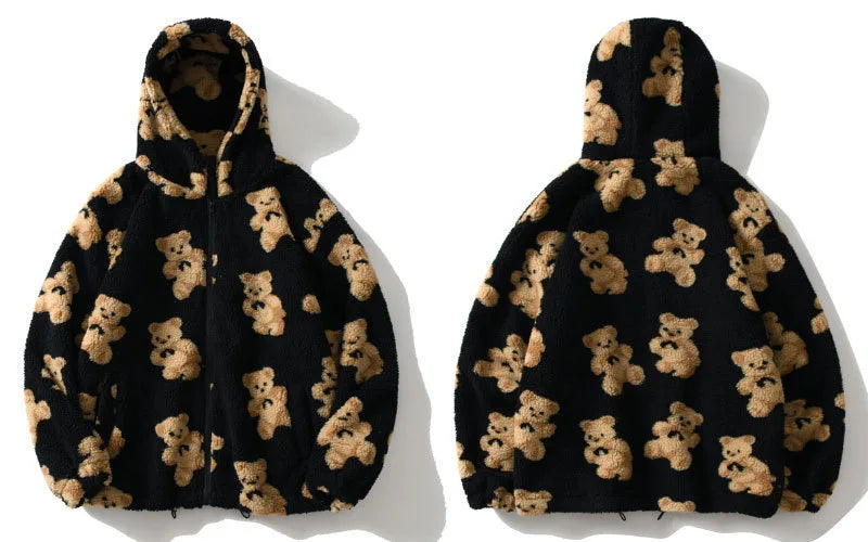 Autumn Winter Women Hooded Thickened Casual Sweatshirt Cartoon Bear Print Zipper Pocket Plush Unisex Fleece Jacket