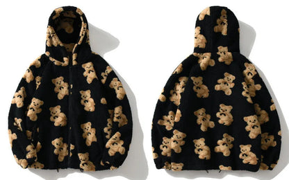 Autumn Winter Women Hooded Thickened Casual Sweatshirt Cartoon Bear Print Zipper Pocket Plush Unisex Fleece Jacket