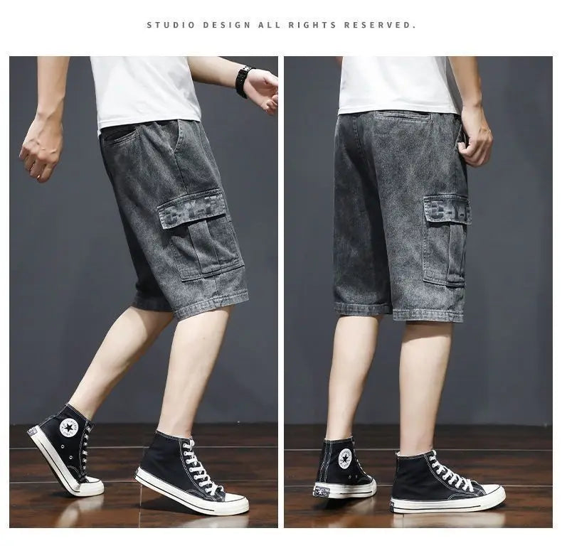 Denim Knee Length Shorts - Casual Loose Fit Multi Pocket Boyfriend Style Jeans