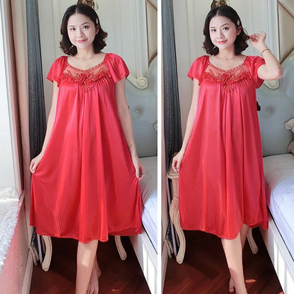 Ladies Ice Silk Nightgowns Sleeping Dress Medium Length Short Sleeve Nightdress Sexy Sleepwear Home Wear Loungewear Pyjama Femme