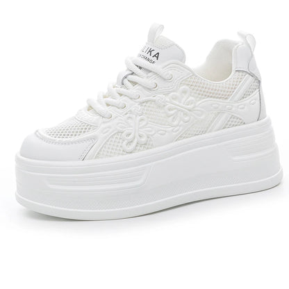 Womens White Mesh Platform Sneakers Breathable Thick Sole Casual Shoes With Flower Embroidery Lightweight Non Slip For Summer Da
