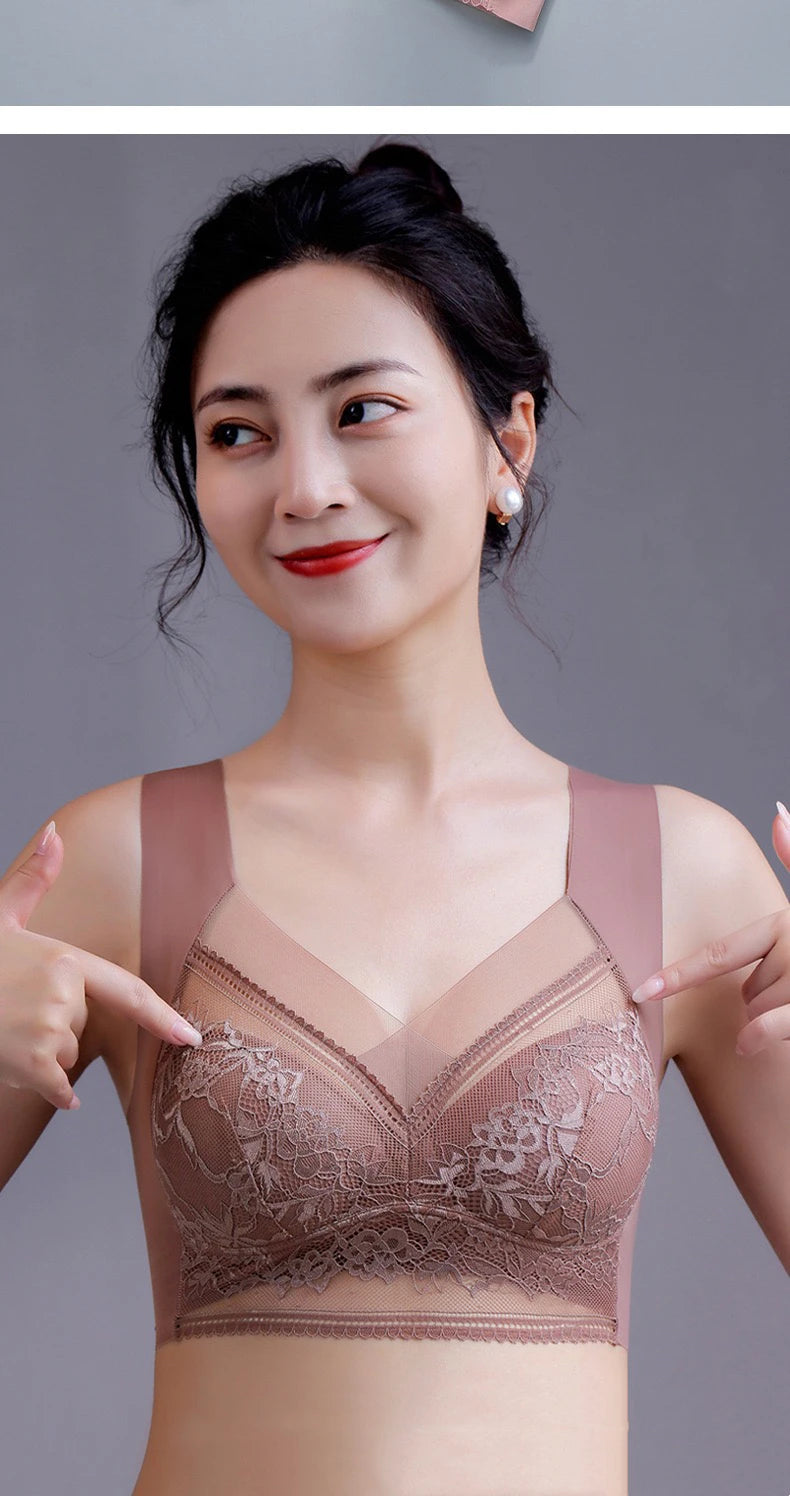 Plus Size Bra - Women's Lace Padded Comfort Bra With Ice Silk Fabric, Wire Free Support