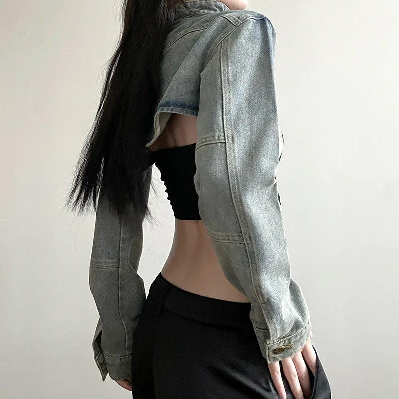 Women Fashion Denim Jacket Y2K Aesthetic Vintage Sexy Crop Tops Coat Japanese Harajuku Streetwear Female Spring Summer Outerwear
