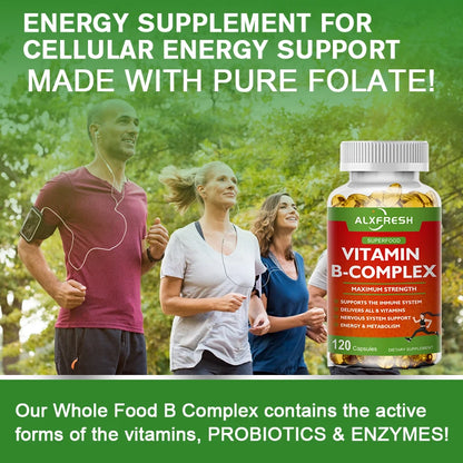 Alxfresh B-Complex Vitamin Supplements (B12 B1 B2 B3 B5 B6 B9 Folic Acid &Biotin), Immune & Energy Support