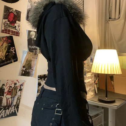 Goth Dark Autumn Winter Faux Fur Collar Solid Hooded Coats Women Casual Slim Waist Zip Hoodies Gothic Jackets Chic Streetwear