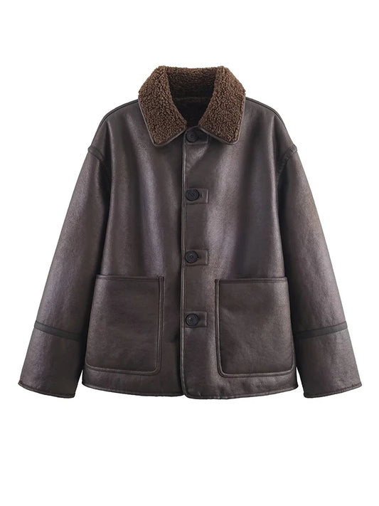 Women Warm Jacket - Casual Streetwear Single Breasted Lapel Collar Coat With Button Decoration