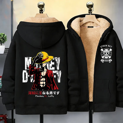 One Piece Man Thick Hooded Jacket Woman Winter Keep Warm Coat Anime Luffy Print Fleece Jacket Thermal Long Sleeve Hooded Clothes