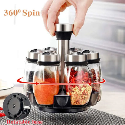 Rotating Spice Jar Set - Glass Seasoning Organizer with Rack for Kitchen Storage