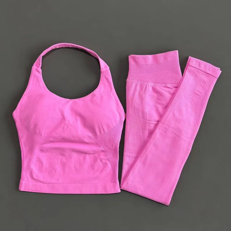 2 Piece Women Gym Set Seamless Halter Sports Top High Waist Leggings Tummy Control Squat Proof Yoga Fitness Activewear