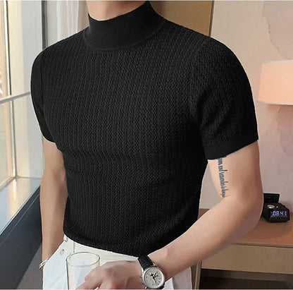 Men's High Neck T-Shirt – Casual Summer Knitted Base Tee | Breathable Polyester Top