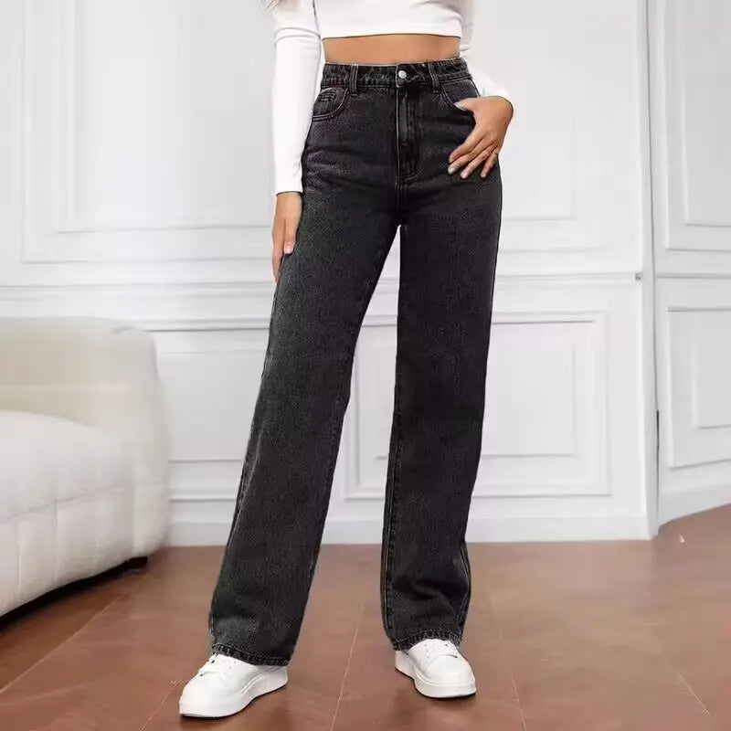 Black gray denim wide leg pants for women in autumn high waisted loose fit slimming and hanging straight leg pants