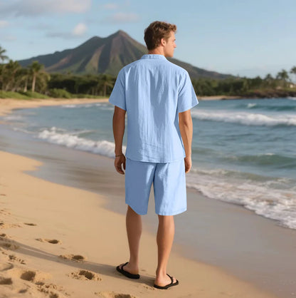 Summer Men's Solid-Color Linen Beach Suit, Lapel Button Short-Sleeved Shirt Paired With Drawstring Shorts, Casual 2-Piece Set