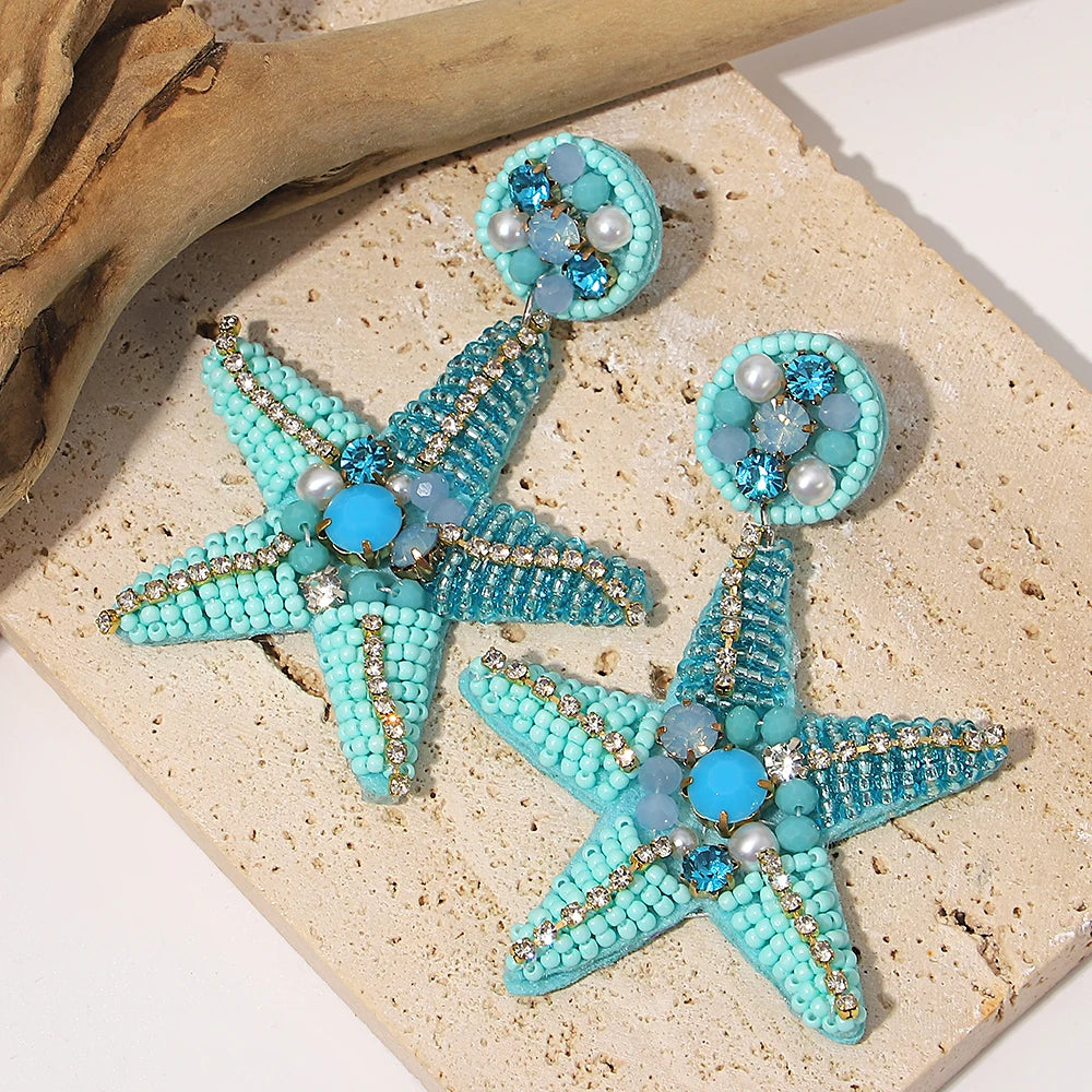 Bohemian Ocean Animal Earrings - Starfish Lobster Conch Seed Bead Drop Earrings for Women