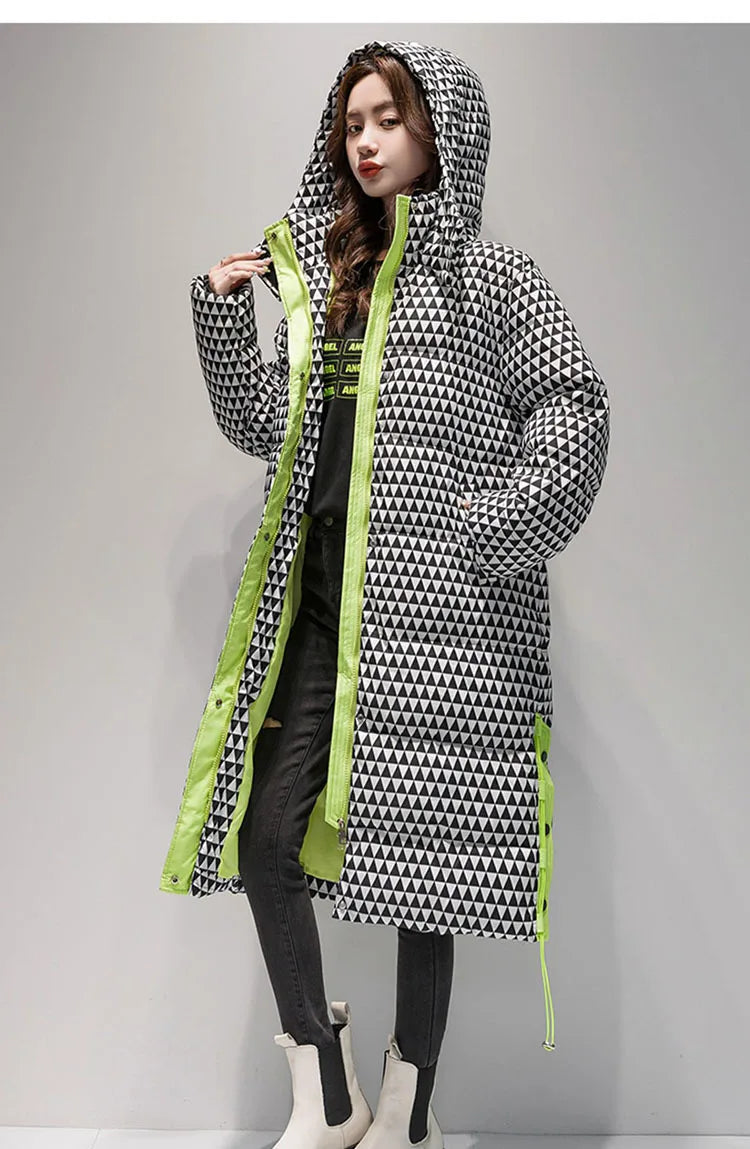 2023 Winter Warm  Plaid Long  Coat Women ' s Fashion Thicken Hooded Puffer Jacket Female Windproof Warm Outwear