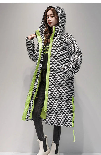 2023 Winter Warm  Plaid Long  Coat Women ' s Fashion Thicken Hooded Puffer Jacket Female Windproof Warm Outwear