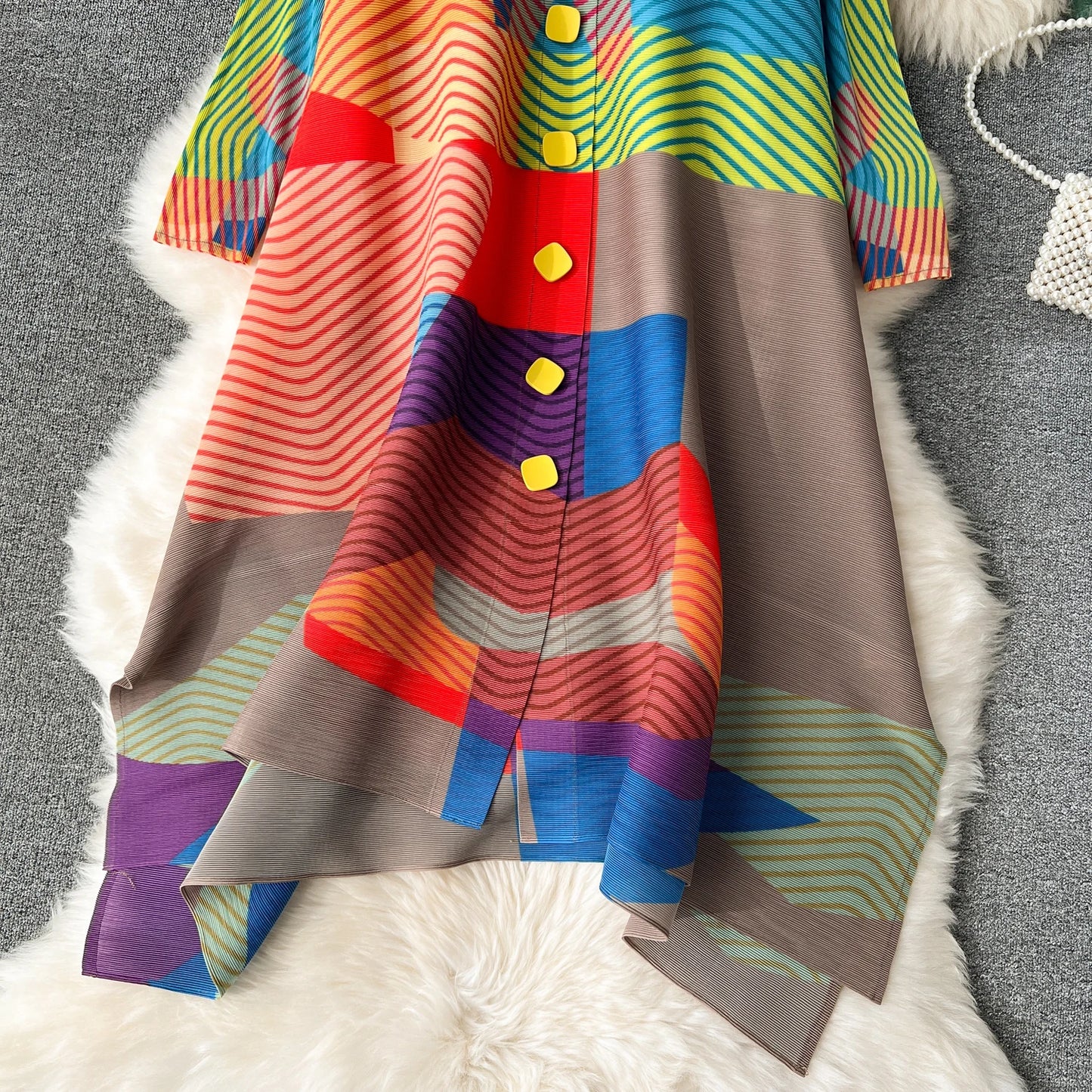 Miyake Pleated Drape Dress Women 2024 Spring Summer Colorblock Printing Lapel 3/4 Sleeve Single-breasted Fashion Shirt Dresses