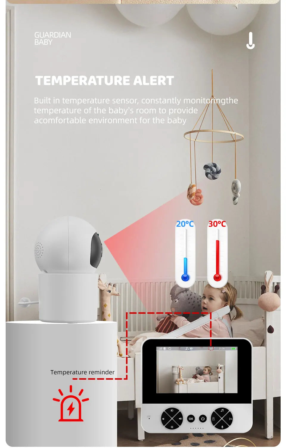 Danmini Intelligent Baby Monitor 4.3-inch IPS Color Screen Display PZT Control Night Vision Indoor Security Surveillance Camera