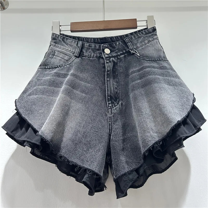 WTHT New Fashion Women's Patchwork Hem Wash Denim Shorts 2025 Summer Trendy High Waist A-line Short Pants Female 1LS1393