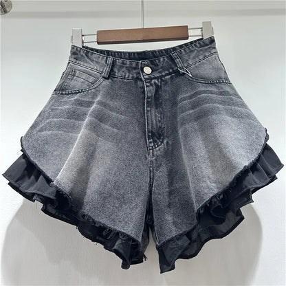 WTHT New Fashion Women's Patchwork Hem Wash Denim Shorts 2025 Summer Trendy High Waist A-line Short Pants Female 1LS1393
