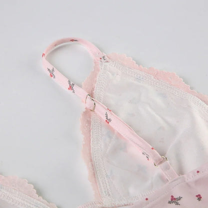 Women Two-pieces Pajamas Set Pink Floral Lace Patchwork Sleepwear Sleeveless Camisoles and Slim Cute Shorts Loungewear