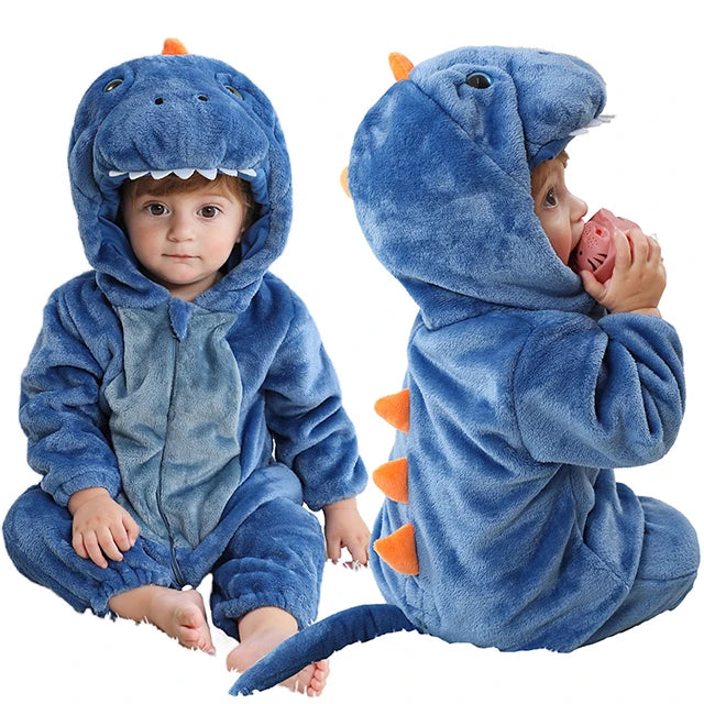 Baby Winter Rompers - Soft Polyester Hooded Jumpsuit With Animal Pattern, Machine Washable