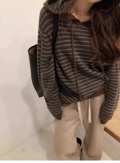 Autumn Winter Women's Vintage Knitted Hat Coat Soft Cozy Loose Fit Striped Hoodie Sweater Outerwear Trendy Commute Style Long...