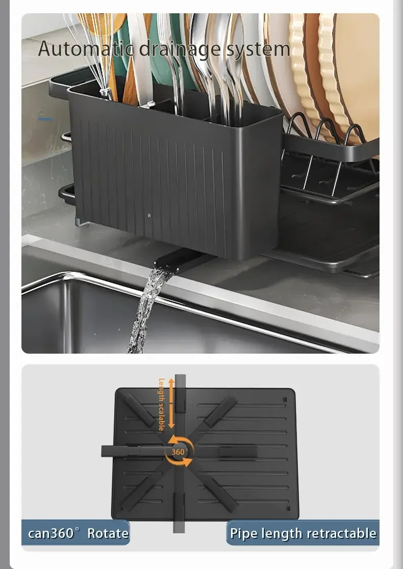 Expandable Dish Rack - Adjustable Kitchen Countertop Organizer with Utensil & Cup Holders