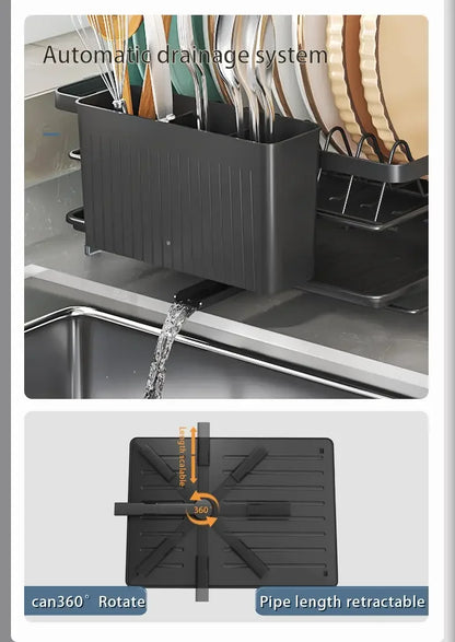 Expandable Dish Rack - Adjustable Kitchen Countertop Organizer with Utensil & Cup Holders