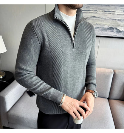 Men's Semi-Zip Knit Sweater - White (Gray/Black)  Winter Weight Fabric Fashionable Semi-High Neck Daily Wear