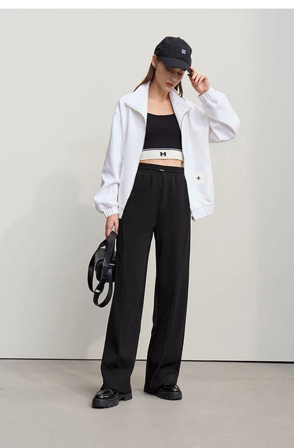 Amii Cotton Pants For Woman 2026 Autumn New Adjustable Rubber Band Waist Casual Pants Long Wide Leg Knit Women Trousers 12641040