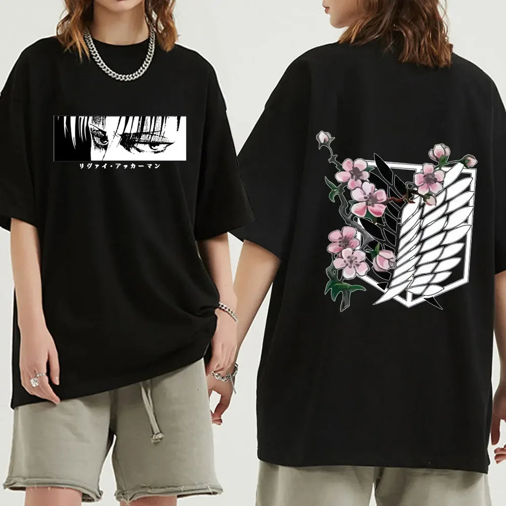Anime Attack on Titan T-Shirt Ackerman Mikasa Eren Jaeger Cherry Blossom Graphics Logo T Shirt Clothes Men's Cotton T Shirts