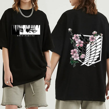 Anime Attack on Titan T-Shirt Ackerman Mikasa Eren Jaeger Cherry Blossom Graphics Logo T Shirt Clothes Men's Cotton T Shirts