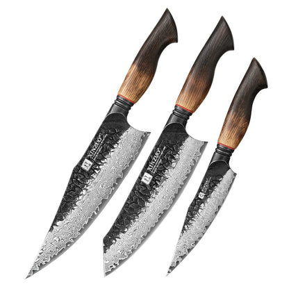 Damascus Knife Set - 67-Layer Steel with White Oak  Red G10 Handles 1-6 Pieces